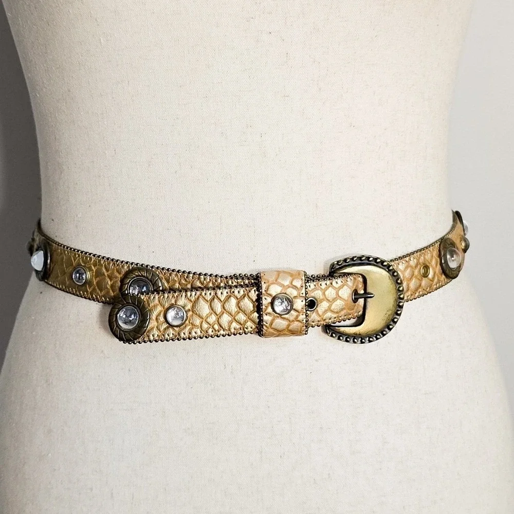 Vintage Gold Embossed Leather Crystal Studded Brass Buckle 80s Glam Belt M/L
